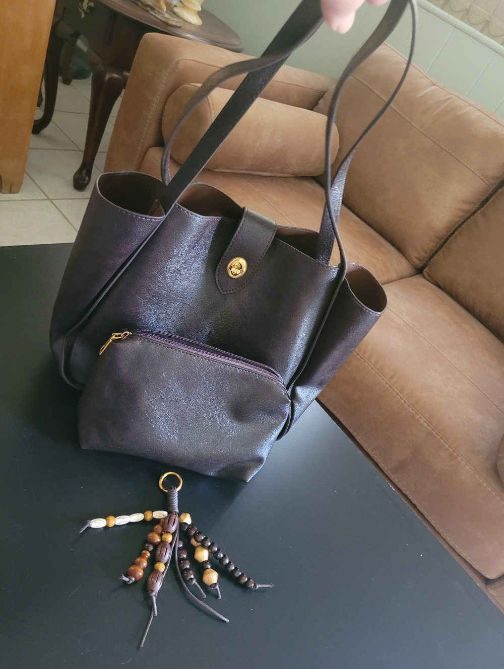Women's Brown Vegan Leather Tote Bag with Matching Pouch And Bag Charm